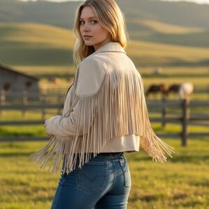 Miss Sparkling brand new faux suede creams beige colored fringe jacket!